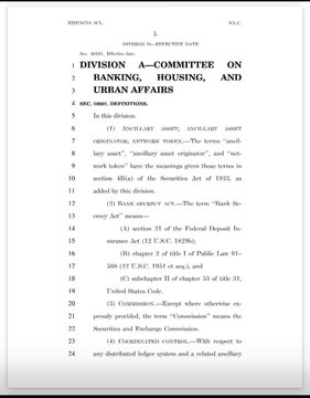 This image shows a page from a legal document, specifically page 1 of the "DIVISION A—COMMITTEE ON BANKING, HOUSING, AND URBAN AFFAIRS" section of a Senate bill, with headers indicating "EXTRACTS XL" and references to the "FIFTEENTH CONGRESS" and "EXTENSIONS OF REMARKS." The text contains numbered provisions regarding assistant army and similar military definitions, with line numbers visible along the left margin.

The image appears to show the "Clarity Act" mentioned in the accompanying post, displaying the official legislative formatting and banking committee provisions, though the page shown does not contain the DeFi (Decentralized Finance) requirements or cryptocurrency-related content referenced in the post's description.