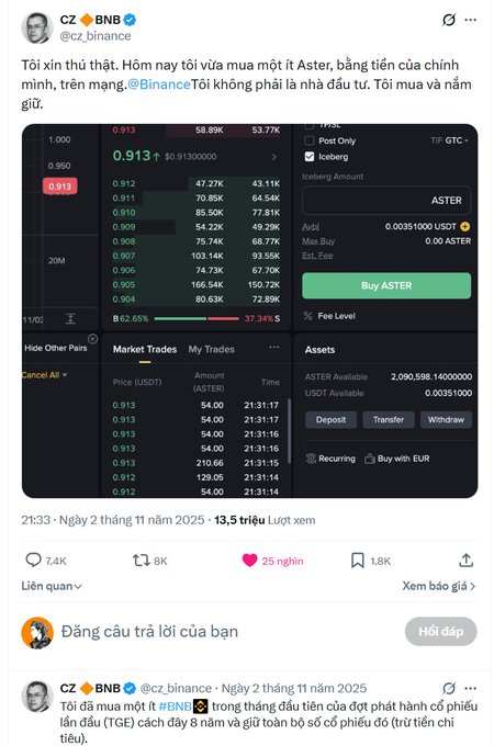The image shows a twitter post by an account named "CZ'Bn" that contains a screenshot of a trading dashboard with various stock prices displayed, such as $1,812, $6,038, and $1,711, among others. The post also mentions the presence of Aster, which is the currency used in this context for buying and selling shares on the trading platform. This Twitter post has an engaging visual appeal with the screenshot being displayed in full view along with a text overlay, providing information about the stock market and cryptocurrency transactions.