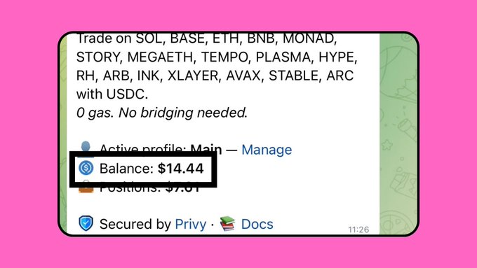 The image shows a trading interface displaying "Balance: $14.44" and "Positions: $7.01" across multiple chains (SOL, BASE, ETH, BNB, MONAD, etc.) with USDC, highlighting "0 gas. No bridging needed." This illustrates the poster's $5.56 trading loss, likely from emotional trading decisions that led them to hold through a -40% drawdown despite the FOMO-driven thesis.