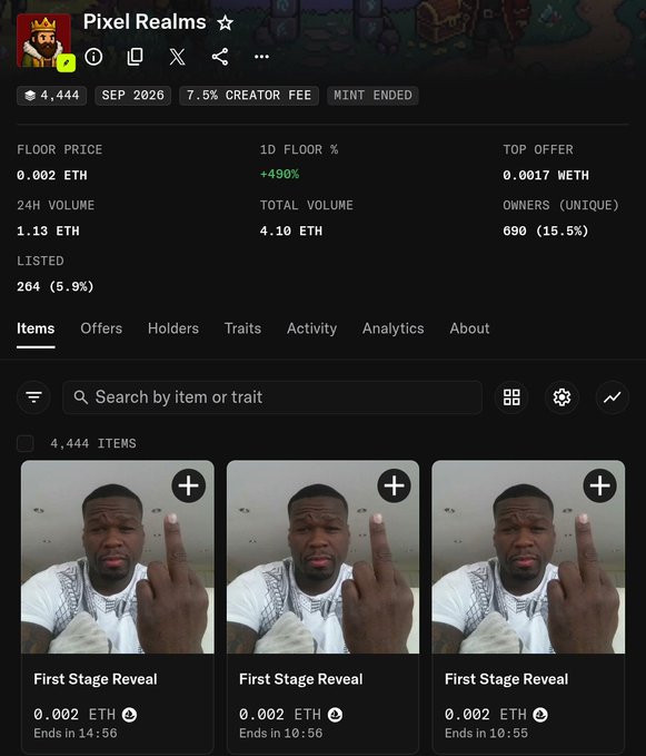 A NFT collection page on OpenSea for 'Pixel Realms' showing 4,444 items with a floor price of 0.002 ETH, featuring images of a man raising his middle finger labeled 'First Stage Reveal'.