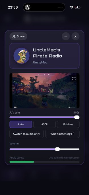 A mobile app interface showing 'UncleMac's Pirate Radio' broadcast by UncleMac, with A/V sync controls, Auto/ASCII/Bubbles mode options, and audio level indicators.