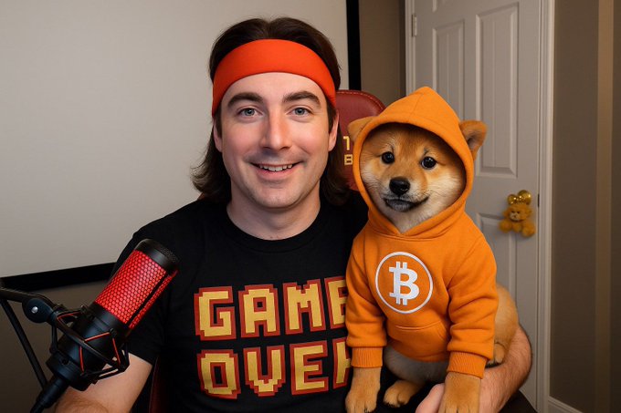 A man wearing an orange headband and a 'Game Over' t-shirt smiles while holding a Shiba Inu dog dressed in an orange Bitcoin hoodie, with a microphone visible in the foreground.