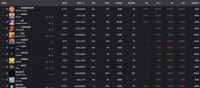 A cryptocurrency trading dashboard showing tokens like MOREROCHAIR, MOCAT, GIG, TOROGAN, BTC, COPCAT, LOOP, SOLTAG, LMWOW, FRIES, BULLSHIT, SUGAT, and BULLISH with their market cap, price, and performance metrics.