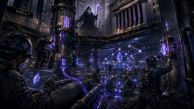 A cyberpunk artwork depicting armed personnel at Wall St with glowing purple Ethereum symbols, holographic displays, and a hooded figure in the background.