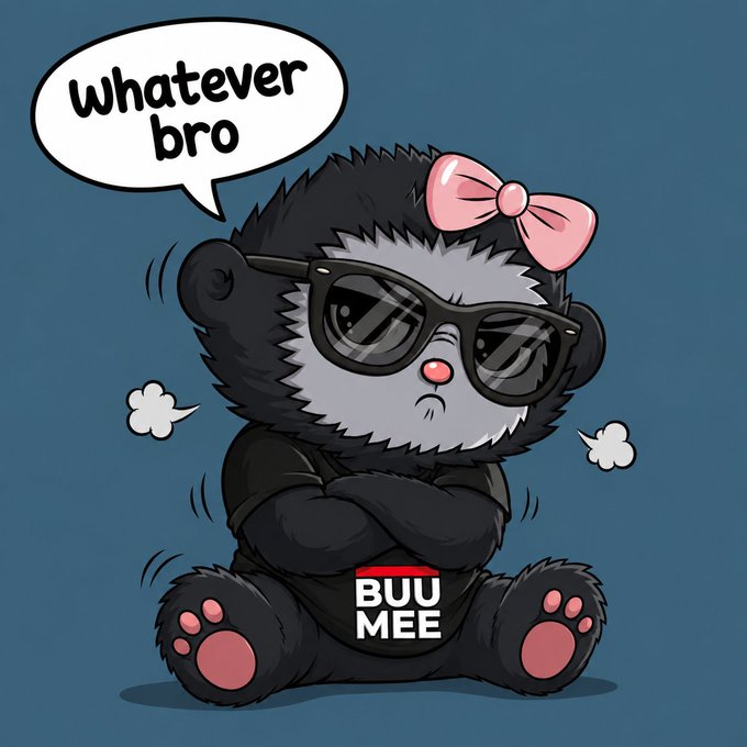 A cartoon illustration features a grumpy black gorilla-like character wearing sunglasses and a pink bow, with a speech bubble saying 'whatever bro' and a 'BUU MEE' logo on its shirt.