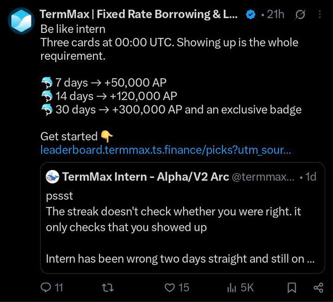 A social media post from TermMax about an 'intern' program offering AP rewards for showing up daily to pick three cards, with 5K views.