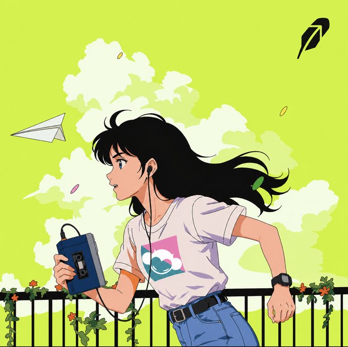 An anime-style illustration of a young woman with long black hair running while holding a blue cassette player, wearing earphones and a white t-shirt with a cloud design.