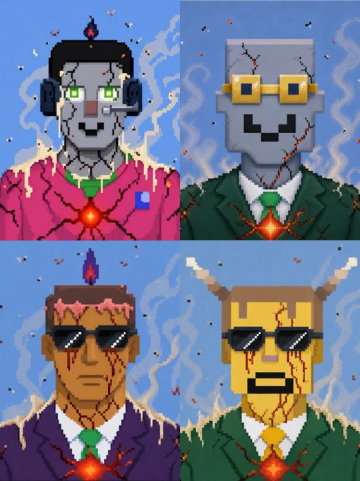 Four pixel-art zombie characters with glowing red "candle" cores on their chests, cracked faces, and flames, contrasted against two robotic/blocky figures wearing suits and glasses.