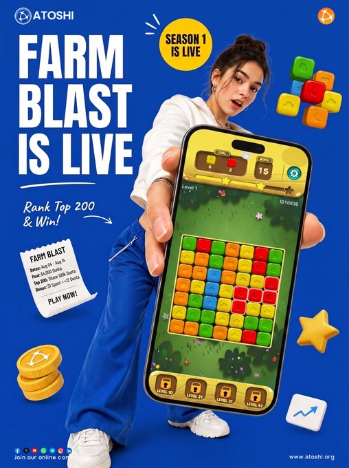 A promotional poster for a mobile game called 'ATOSHI FARM BLAST IS LIVE', featuring a woman holding a smartphone displaying the match-3 game interface.
