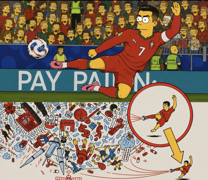 A cartoon illustration showing a soccer player in a red Portugal jersey (#7, resembling Cristiano Ronaldo) kicking a ball, with the scene transitioning below into a chaotic depiction of various items and figures, including a spotlighted version of the player and a smaller version at the bottom.