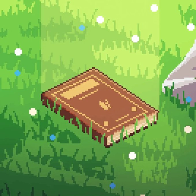 Pixel art illustration of an old brown leather book lying open on green grass with small white and blue flowers, with a gray rock visible on the right side.