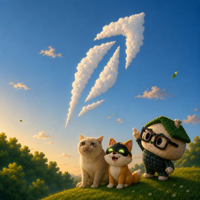 A whimsical scene features a cat, a Shiba Inu with glowing green eyes, and a mossy character with glasses pointing upward at a cloud shaped like a rocket ship soaring into the sky. The rocket cloud symbolizes the explosive, sky-high potential (and looming crash risks) of memecoins and crypto cycles on platforms like Robinhood Crypto—mirroring the post's commentary on Solana's memecoin mania turning into a chaotic, scam-filled jungle.
