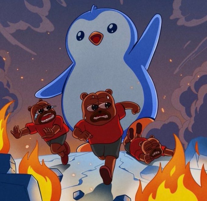 An illustration shows anthropomorphic bears in red shirts fleeing in terror from a large blue penguin amidst flames and a dark, smoky sky.