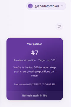 A mobile screenshot from @shadatofficial1 showing a purple card displaying 'Your position #7' with 'Provisional position Target: top 500' and a message that 'You're in the top 500 for now. Keep your crew growing—positions can move.' Last calculated 9/29/2026, 12:36:09 AM.