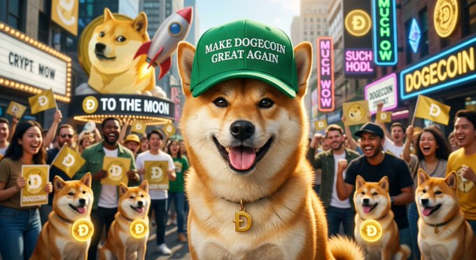 An AI-generated illustration of a Shiba Inu dog wearing a green 'Make Dogecoin Great Again' hat, surrounded by a crowd holding Dogecoin signs and Doge mascots.