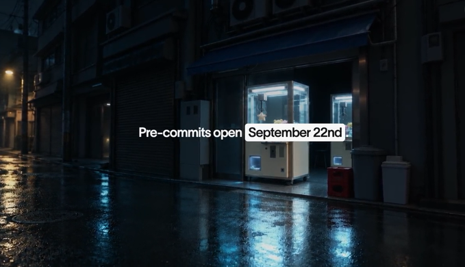 A nighttime street scene with glowing vending machines features the text 'Pre-commits open September 22nd'.