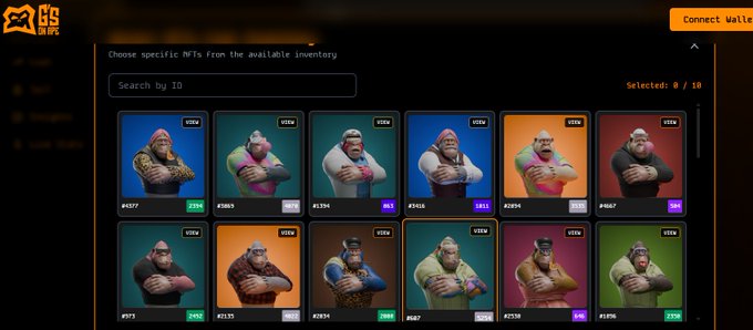 The image shows a digital marketplace interface for "Geez On Ape" NFTs, displaying a grid of 12 character cards with various identifiers (#107, #1065, #1894, etc.) and "VIEW" buttons, with a prompt to "Choose specific NFTs from the available inventory." This visual supports the post's message by showcasing the diverse selection of Geez NFTs available through GEEBANK at $336, in contrast to OpenSea's $429 floor price where buyers would only get whatever leftover NFTs bots don't grab.