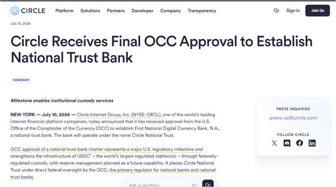 A press release screenshot dated July 10, 2026 announces Circle Internet Group, Inc. (NYSE: CRCL) received final OCC approval to establish First National Digital Currency Bank, N.A., operating as Circle National Trust, supporting the post's announcement about federally regulated USDC custody services.