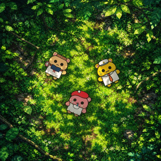 Illustration of three cute, cartoon characters—a bear, a yellow character, and a pink bear—standing on a sunlit patch of green moss in a forest, with a 'MAK' watermark in the corner.