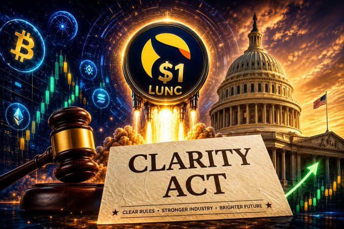 This image depicts a "CLARITY ACT" with the LUNC cryptocurrency aiming for $1, alongside a gavel and financial charts, suggesting that regulatory clarity could lead to growth for LUNC. The Capitol building in the background further reinforces the connection to legislation.