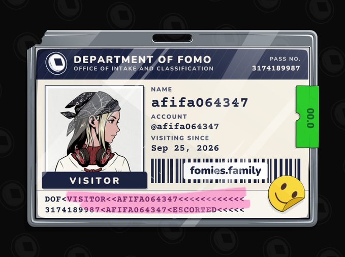 A digital ID card labeled "DEPARTMENT OF FOMO" featuring an anime-style avatar, the name "afifa064347", account "@afifa064347", and website "fomies.family" on a dark patterned background.
