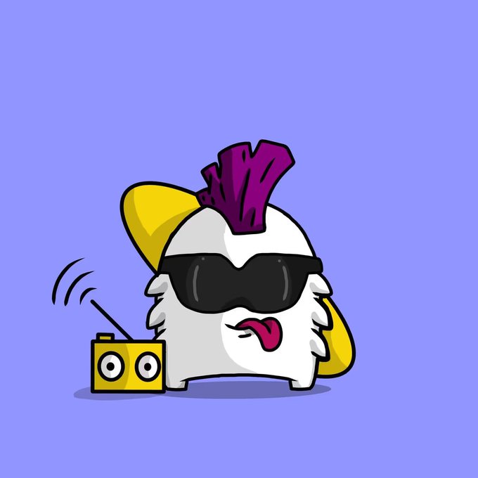 A cartoon mascot character with sunglasses, a purple mohawk, and yellow bow tie, sticking its tongue out next to a small yellow radio with an antenna, set against a lavender background.