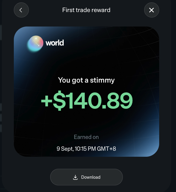 A 'First trade reward' notification from the 'world' app showing a +$140.89 stimmy earned on 9 Sept, 10:15 PM GMT+8, with a Download button below.