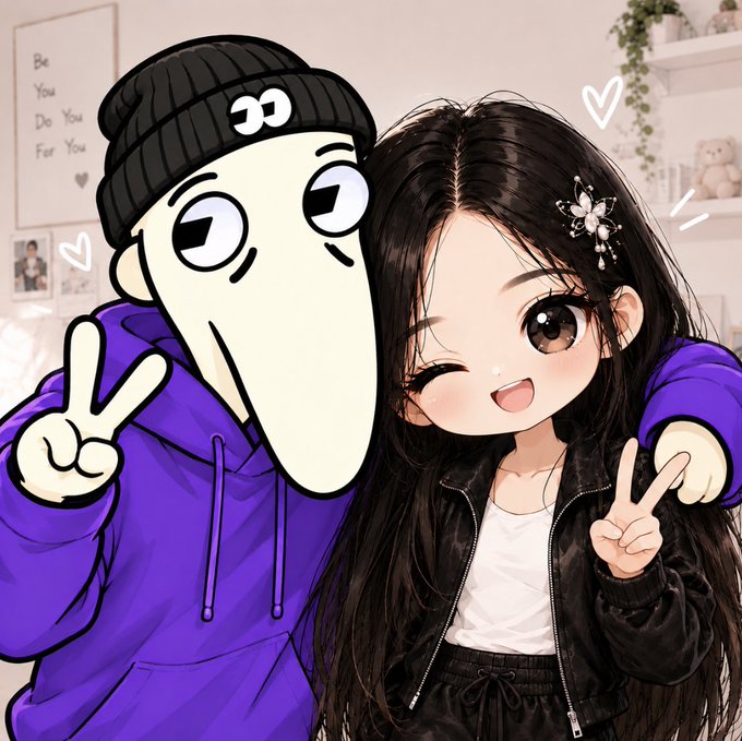 An anime-style illustration showing a character with a purple hoodie and black beanie posing with a peace sign alongside a winking girl with long dark hair wearing a black leather jacket.