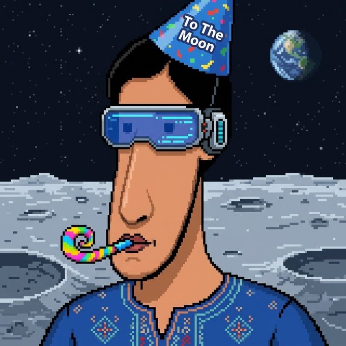 A pixel-art character wearing VR goggles and a party hat reading "To The Moon" blows a rainbow bubblegum bubble on the lunar surface with Earth visible in the background. The "To The Moon" hat and space setting playfully illustrate the giveaway's crypto theme, celebrating the prospect of free mint spots propelling recipients' holdings skyward.