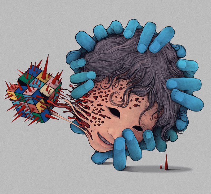 Surreal illustration of a head with closed eyes and dark hair being impaled by a spiked, multicolored cube, surrounded by a ring of blue pill-like capsules.