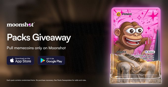 The image features a pink card with a cartoon monkey on it that says "Pack Giveaway" written on it, along with an app store logo and a link to download the app. The text also mentions that users can collect Ponke cards from Moonshot Packs and enter their username and password for a chance to win a pack of casual packs.
