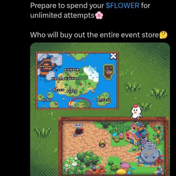 A promotional graphic reading 'Prepare to spend your $FLOWER for unlimited attempts' and 'Who will buy out the entire event store' alongside screenshots of a colorful farming game map and gameplay.
