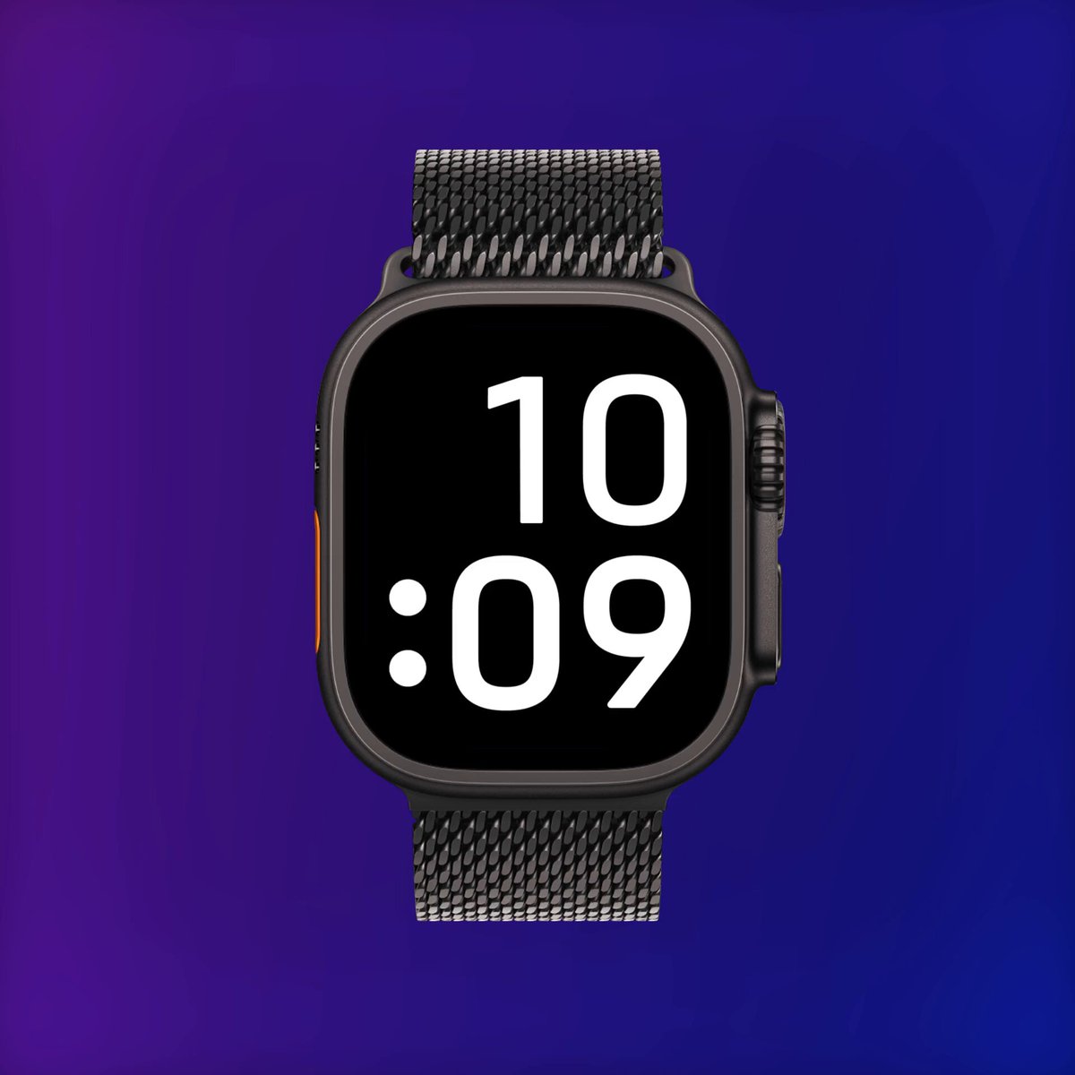 The image features a black watch with a silver band, displaying the time as 10:09. The watch appears to be an Apple Watch, which has a unique design that sets it apart from other watches. The watch's face is black, contrasting with its silver band and making it stand out against the blue background of the image.