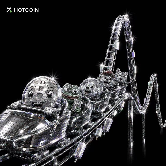 A promotional graphic for 'HOTCOIN' featuring cryptocurrency-themed characters (Bitcoin, Pepe, Doge, Shiba Inu) rendered in disco ball mirrors riding a silver roller coaster.