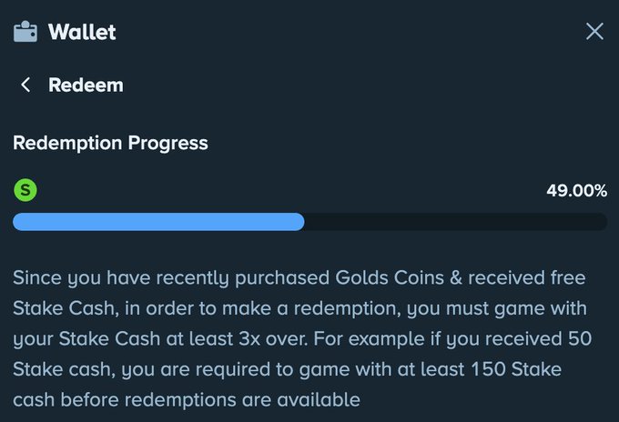 A "Wallet" redemption screen showing 49.00% redemption progress toward meeting a 3x wagering requirement on Stake Cash (e.g., 50 Stake Cash requiring 150 in wagering before withdrawal), which the post criticizes as a scummy cashout policy.