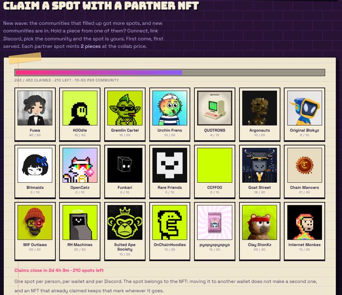 A webpage interface titled 'CLAIM A SPOT WITH A PARTNER NFT' showing a grid of NFT collections like 'Fuwa', 'HOddle', 'Gremlin Cartel', and 'Urchin Frens' with claims counters.