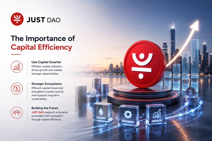 A JUST DAO infographic titled "The Importance of Capital Efficiency" highlights points like "Use Capital Smarter," "Stronger Ecosystems," and "Building the Future," with visual elements representing Liquidity, Efficiency, and Growth.