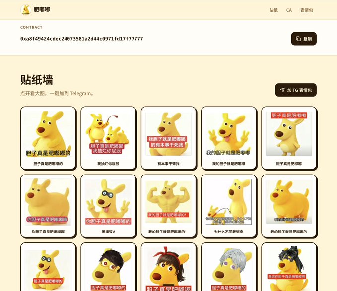A Telegram sticker pack page featuring a yellow dog character with Chinese text including '肥嘟嘟' and various phrases like '我胆子真是肥嘟嘟的' and '有本事干死我'.