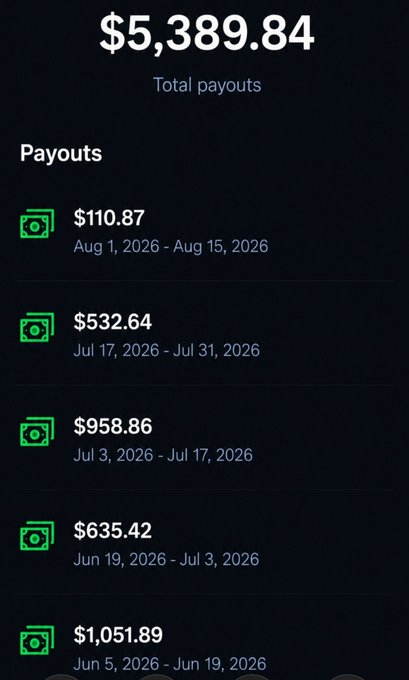 A screenshot displaying "Total payouts" of $5,389.84, with a list of individual payouts including $110.87 (Aug 1, 2026 - Aug 15, 2026), $532.64 (Jul 17, 2026 - Jul 31, 2026), $958.86 (Jul 3, 2026 - Jul 17, 2026), $635.42 (Jun 19, 2026 - Jul 3, 2026), and $1,051.89 (Jun 5, 2026 - Jun 19, 2026).