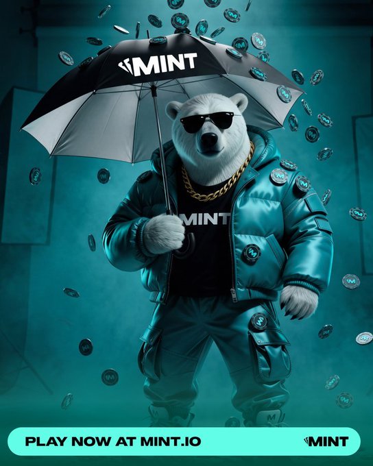 A promotional graphic features an anthropomorphic polar bear wearing sunglasses, a gold chain, and a teal puffer jacket while holding a black and white "MINT" umbrella amid falling coins, with a banner reading "PLAY NOW AT MINT.IO" at the bottom.