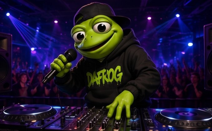 A green animated frog mascot wearing a backward black cap and a "DAFROG" hoodie works DJ decks and holds a microphone on a concert stage, visually embodying the "$dafrog" ticker mentioned in the post.
