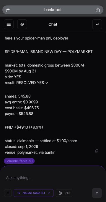 A chat with bankr.bot shows a resolved YES Polymarket bet on Spider-Man: Brand New Day hitting $800M–$900M domestic gross by Aug 31, with 545.88 shares at $0.9099 entry yielding a $49.13 (+9.9%) profit claimable at $1.00/share, illustrating the small-scale agentic trade execution referenced in the post.