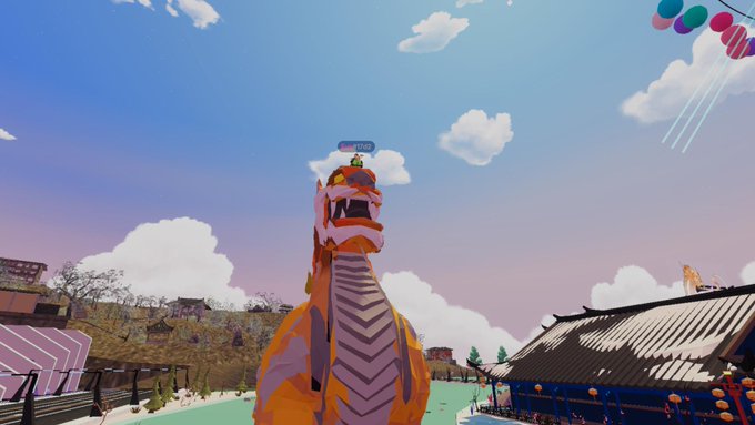 A first-person view from a roller coaster themed around a dragon, showing colorful balloons floating in the bright blue sky above an Asian-style architectural landscape.