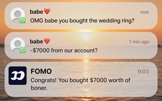 A screenshot of a WhatsApp chat where a user asks their partner about a $7000 wedding ring purchase, immediately followed by a notification from crypto platform BONER congratulating them on buying "$7000 worth of boner."