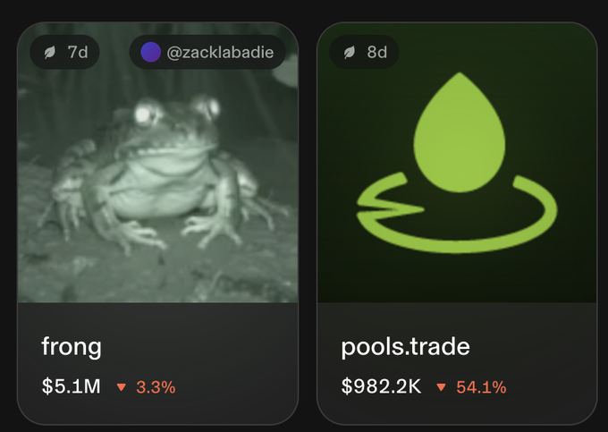 A trading app interface shows two meme tokens: "frong" ($5.1M, down 3.3%) posted by @zacklabadie, and "pools.trade" ($982.2K, down 54.1%).