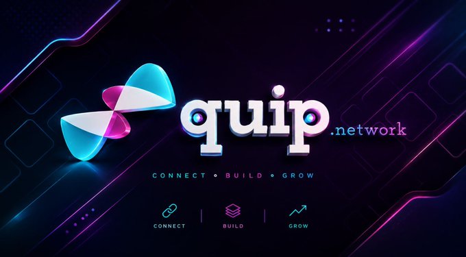 A digital marketing-style graphic displays the 'quip.network' logo with a 3D cyan and magenta pinwheel icon, the tagline 'CONNECT • BUILD • GROW', and three icons labeled 'CONNECT', 'BUILD', and 'GROW' on a dark purple background.