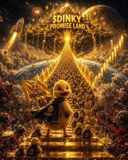 A highly stylized, AI-generated image featuring a baby duck holding an 'SDINKY' flag, leading a massive crowd up a golden staircase toward a glowing 'SDINKY PROMISE LAND' city in the sky.