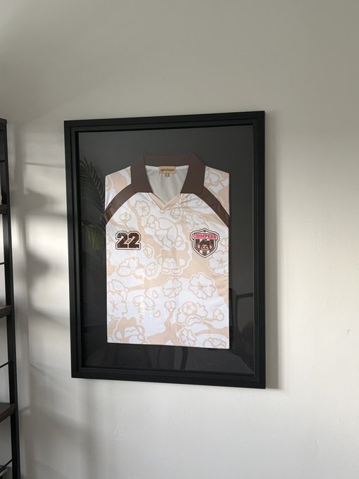A framed USC Trojans jersey with the number 22 and a floral/cloud pattern hangs on a white wall.