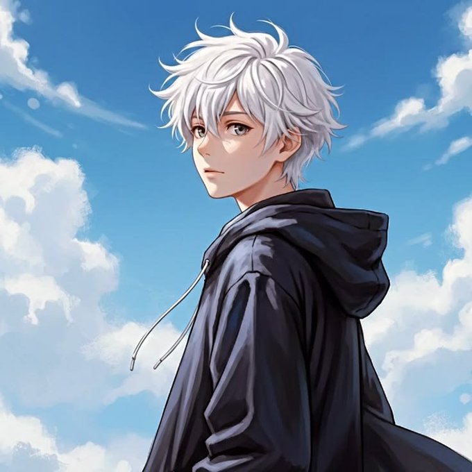 An anime-style illustration features a young man with messy white/silver hair wearing a black hooded jacket, gazing upward against a bright blue sky with white clouds.