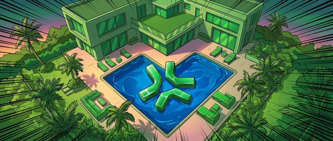An anime/comic-style illustration of a modern green villa with a swimming pool, surrounded by tropical palm trees under a colorful sky with motion lines.